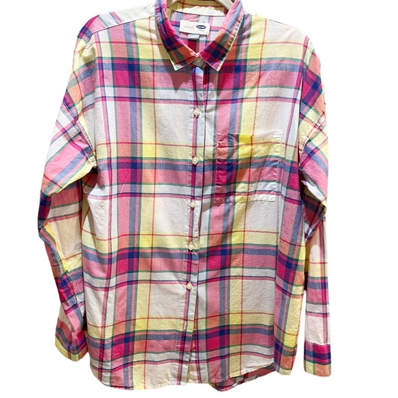 Old Navy Tops - Old Navy Pink, Yellow, & White Plaid Lightweight Cotton Button Front Blouse Sz L